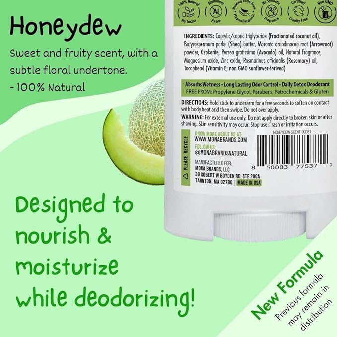MONA Brands KIDS Deodorant for Girls, Boys, Preteens & Teens | Safe for Sensitive Skin - No Baking Soda, Aluminum or Synthetic scents | (2-PK HONEYDEW 1.76 Oz each)