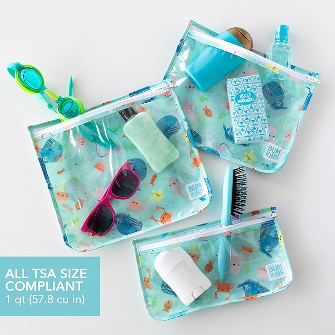Bumkins Travel Bag, Toiletry, TSA Approved Pouch, Zip Bag, Quart Size Airline Compliant, Clear-Sided, Baby, Diaper Bag Organization, Makeup, Accessories, Packing, Set of 3 Sizes, Ocean Life Blue
