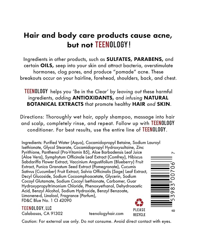 Teenology Shampoo for Teens - Avoid Forehead and Body Breakouts - No Sulfates or Parabens, Noncomedogenic, Natural Botanical Extracts, 16 oz. (Blueberry Pomegranate Cucumber)