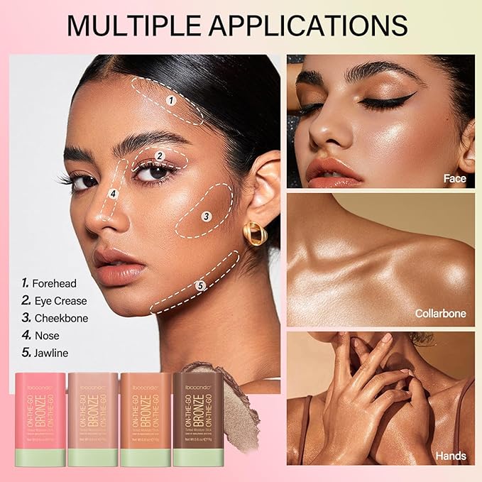 On-The-Go Bronzer Stick,Multi-Use Cream Contour Stick,Natural Long Lasting Face Bronzer,Smooth Highlighter Contour Stick,Bronze Contour Makeup Facial Shaping,04 Beach Glow