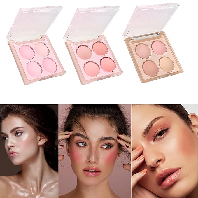 Matte Blush Powder Palette, Blending Mood Cheek, 4 Blendable Shades Korean Fairy Pink Blusher in Lightweight Smooth Powder, Vegan Makeup (Cantaloupe 3#, 1.84 ounces)