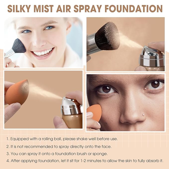 AirBrush Foundation Spray, Silky Mist Foundation Spray Makeup Set with Brush, Full Coverage Foundation for Smooth Radiant Finish, Formula Breathable Lightweight Hydrating | #05 Sand