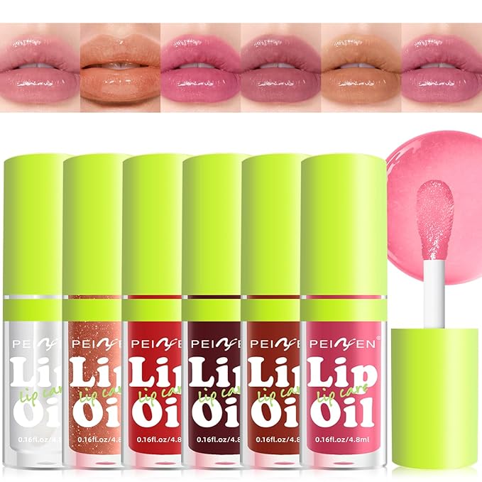 6 PCS Hydrating Lip Oil, Big Brush Head Lip Glaze Shiny Transparent Lip Glow Oil, Nourishing & Non-sticky Long Lasting Fresh Clear Smooth Lip Care Plumping Lip Oil (SET B)