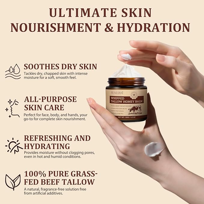 Organic Beef Tallow for Skin, Tallow Face Moisturizer, Tallow and Honey Balm, Grass-Fed Whipped Beef Tallow and Honey Cream, Deeply Moisturizing for Face & Body, Suitable for Dry & Aging Skin,4.2 oz