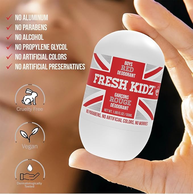 Fresh Kidz Roll On Deodorant for Kids and Teens - Baking Soda and Aluminum-free 24 Hour Protection for Sensitive Skin - Boys "Red" 1.86 fl.oz.