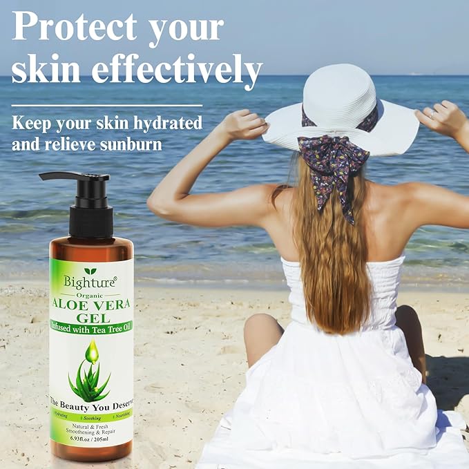 Organic Aloe Vera Gel with Tea Tree Oil for Face & Body, Freshly-cut Aloe Vera Gel Ideal for Skin, Scalp, & Hair Hydration, Calming Moisturizer for Soothing After Sun Care Relief, 6.93 oz