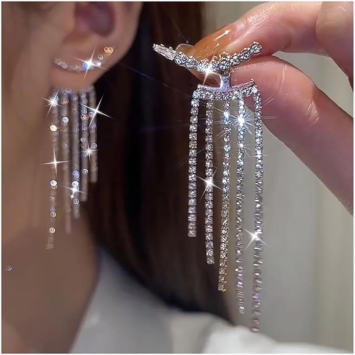 Vintage Rhinestone Chandelier Drop Earrings Crystal Ear Climber Earrings Long Tennis Chain Earrings Silver Cz Tennis Chain Tassel Earrings Jewelry for Women