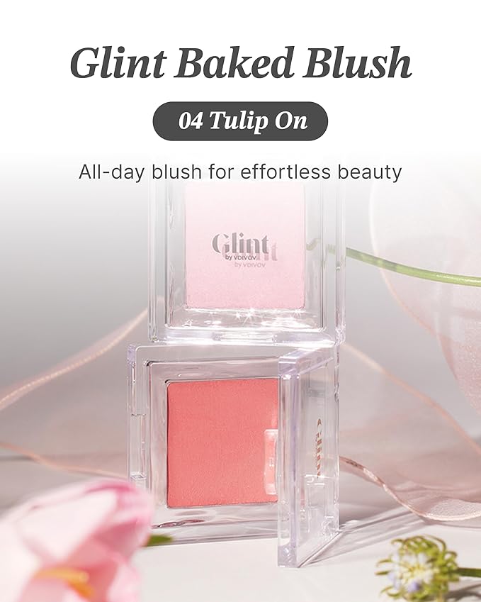 Glint Baked Blush (Tulip On, 0.08oz) - Long-Lasting, All-Day Face Blush Powder for a Natural Look. Korean Skin Care, Korean Makeup. Blendable Color for Eyes, Cheeks & Body.