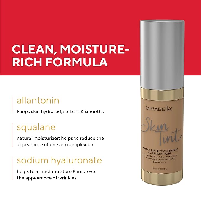 Mirabella Skin Tint Creme Liquid Foundation Makeup, Oil-Free Mineral Foundation for Medium Coverage - w/Hyaluronic Acid, Squalane, & Allantoin for All Skin Types - IC Cool