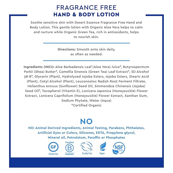 Desert Essence Fragrance Free Hand & Body Lotion - 8 Fl Ounce - Soothing - Aloe Vera - Shea Butter - Green Tea - Coconut Oil - Jojoba Oil