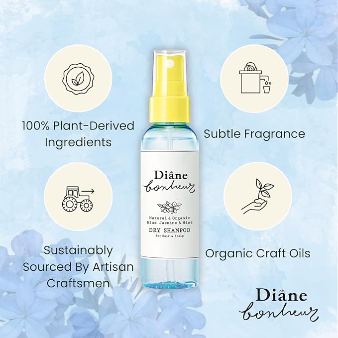 Natural Wet Dry Shampoo for Women Dry Hair & Sensitive Scalp, Organic Hair & Body Mist with Rosemary & Rose Water, Hair Refresher Spray from Japan, BLUE JASMINE & MINT, 4.06 Fl Oz, 2EA
