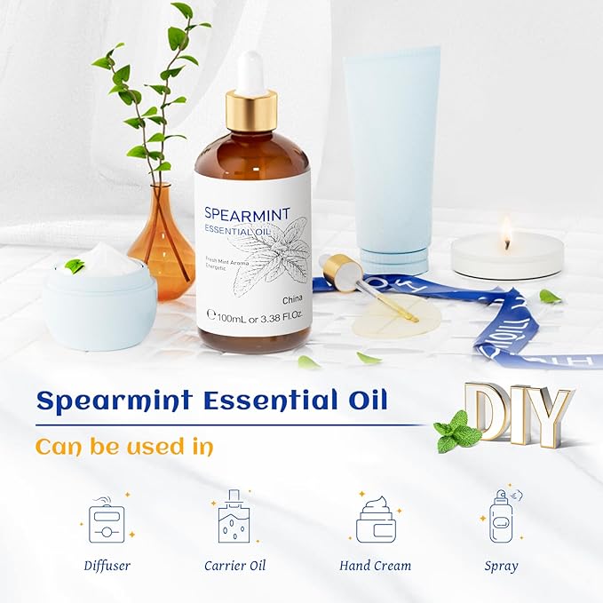 HIQILI 100ML Spearmint Oil for Skin Care, Facial, Can be Added to Lotions, Creams -100% Pure Natural Treatment Grade - 3.38 Fl Oz
