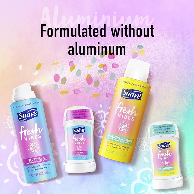 Suave Aluminum-Free Deodorant, Kids & Teen Girls – Fresh Vibes Berry Bliss & Awesome Blossom, 48H Protection, 1.2 Oz Ea