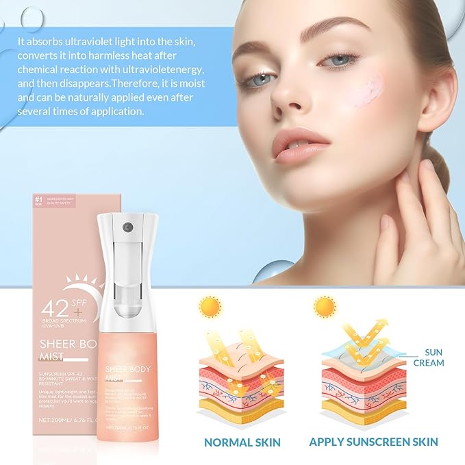 Sunglaze Sheer Body Mist Sunscreen SPF 42, Infused with Shimmering Body Oil, Hydrating Mist, Hydrates, Gives Skin a Glowy Finish, Lightweight, Gives Skin A Glowy Finish（6.7 Fl Oz）