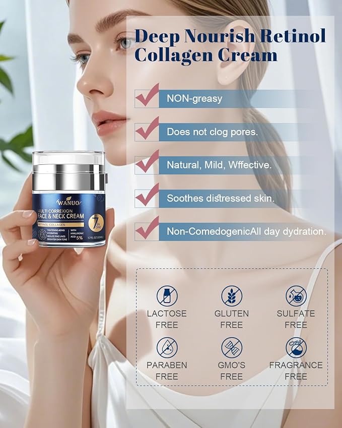 Retinol Cream for Face, Face Moisturizer, Neck Creams for Tightening and Firming with Collagen & Hyaluronic Acid, Daily Anti-Aging Face Cream for Women, Smooth Wrinkles & Fine Lines, 1.7 Fl Oz