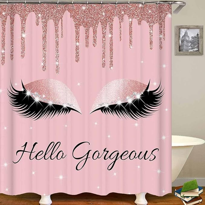 4PCS Hello Gorgeous Unicorn Eyelash Shower Curtain Set Luxury Diamond Rose Gold Glitter Eyeshadow Makeup Pink Glam Beauty Fashion Girly Women Bathroom Decor Non-slip Bath Mat Toilet Rug, Bling