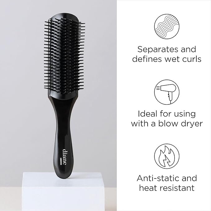 Diane Nylon Pin Styling Hairbrush for Detangling, Separating, Shaping, and Defining Wet or Curly Hair, Heat-Resistant, Anti-Static, Hair Care Essential, Black