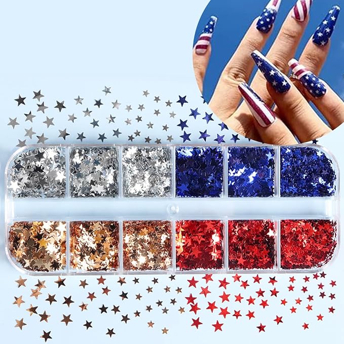 12 Grid July 4th Nail Art Glitter Sequins Independence Day Star Nail Decal Gold Glitter Flakes for Women