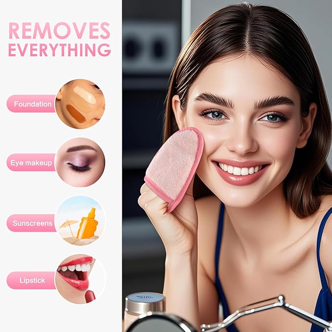 SINLAND Reusable Makeup Remover Pads For Face,Eye,Lips Microfiber Gentle Facial Cleansing Cloths for All Skin Types Friendly for Makeup Remover With Laundry Bag 5.1inchx3.93inch Pink Pack of 6