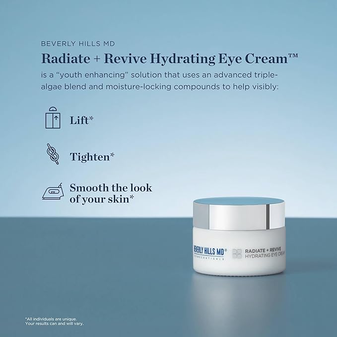 Radiate + Revive Hydrating Eye Cream- Rejuvenate Tired Eyes w/Algae to help Sagging, Hollowing, & Wrinkles- Lift Eyes, Firm Skin, Plump Complexion w/Antioxidants and Pearl Powder