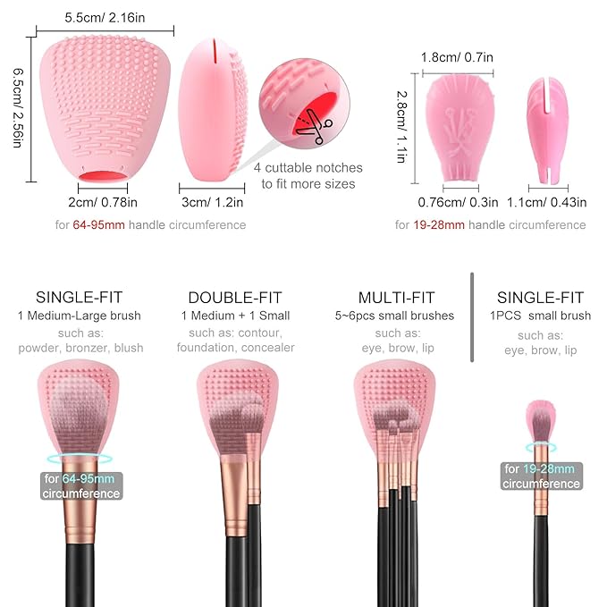 Silicone Travel Make-up Brush Holder with Cleaner Mat Pad, Organizer Case Covers for Foundation Eye Lip Brushes Storage Cleaning, Gift for Women Girl-friend Mother Wife, 3-Pcs Large + 5 Small, Pink