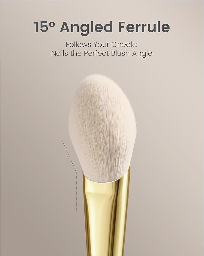 Desert Oak Series CM 160 Angled Blush Brush for Cheeks – Ideal for Powder & Cream Blush, Golden Brass Ferrule, Ebana Bubinga Handle, Soft Nylon Bristles