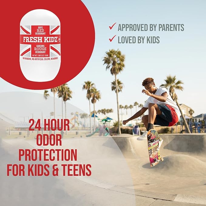 Fresh Kidz Roll On Deodorant for Kids and Teens - Baking Soda and Aluminum-free 24 Hour Protection for Sensitive Skin - Boys "Red" 1.86 fl.oz. (3 Pack)