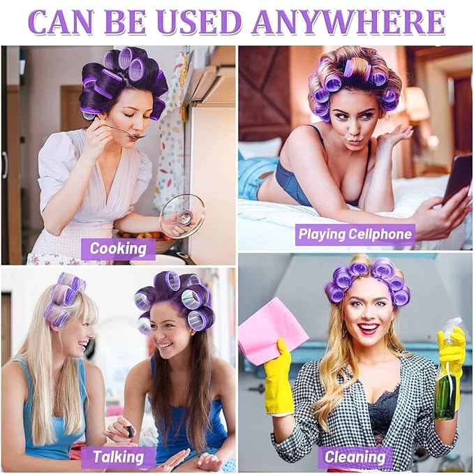 Acejoz Hair Rollers, 12Pcs Large Self-Grip Hair Curlers with 12Pcs Stainless Steel Duckbill Clips, for Long Medium Thick Hair Volume (Purple)