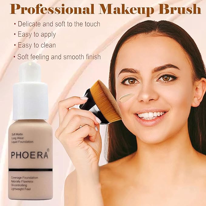 2 Pcs Liquid Foundation Full Coverage 24HR 30ml Matte Oil Control Foundation Makeup Concealer (Buff Beige & Sand) with Kabuki Foundation Brush Flat Top
