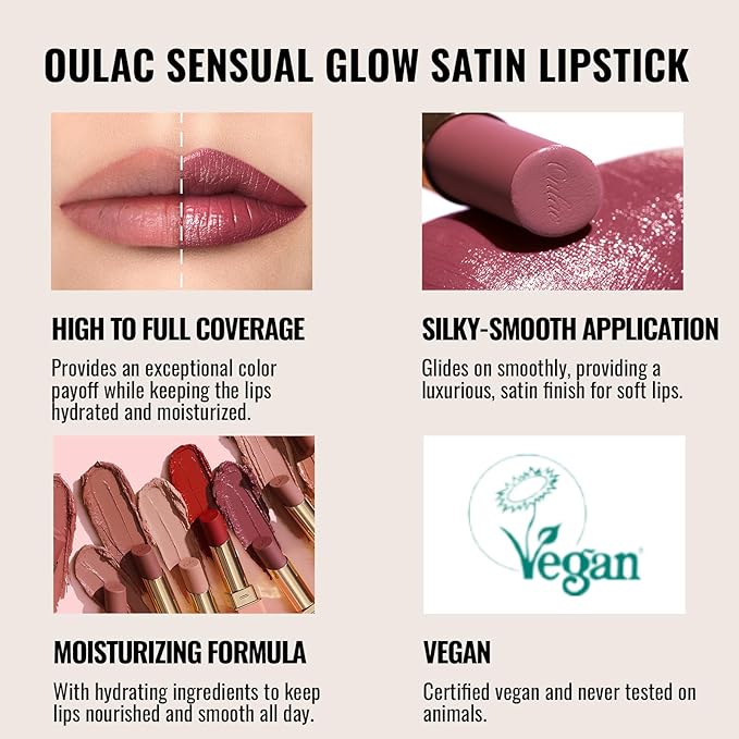 Oulac Color Rich Satin Lipstick - Burgundy Red Full Coverage Lip Color, Creamy Silky-Smooth, Moisturizing, Satin Matte Finish, Infused With Shea Butter, Vegan & Clean Beauty, 4g, SG13 Burgundy