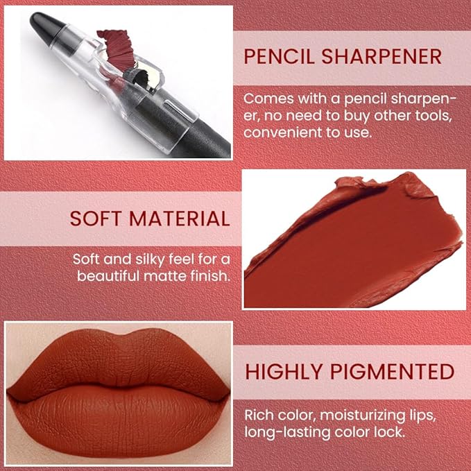 Brownish Red Crayon Matte Lipstick Lip Liner Pencil, Moisture Smooth Lipstick Pencil, With pencil sharpener Sharpenable Lip Pencil, Ultimate Lip Crayon for Women Smudgeproof Waterproof 12#