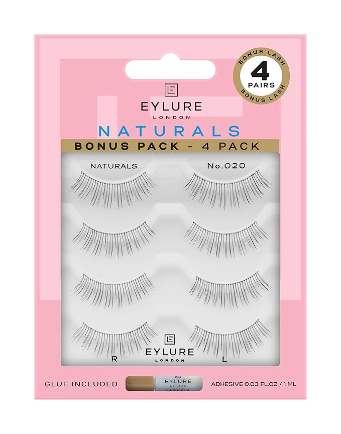 Eylure Naturals No. 020 Reusable Eyelashes, Adhesive Included, Black, 4 Pairs