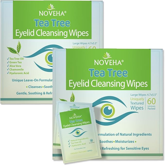 NOVEHA 120Pcs Tea Tree Oil Eyelid & Lash Wipes With Hyaluronic Acid, Green Tea & Chamomile For Blepharitis & Itchy Eyes, Individually Wrapped Eyelash Wipes, Natural Makeup Remover & Cleanser (2 Pack)