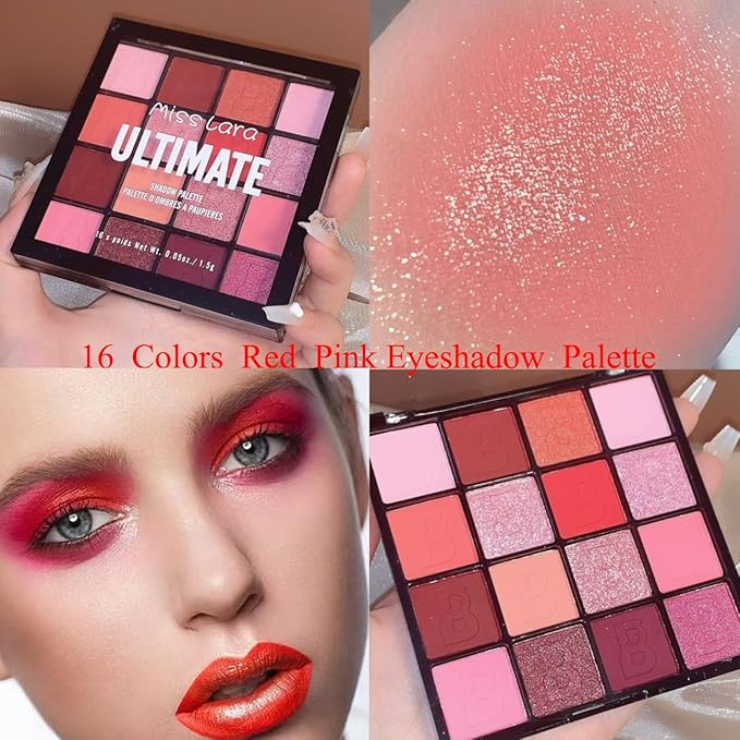 16 Colors Pink Matte Glitter Metallic Eye Shadow Palette, Korean Eyeshadow Palette Makeup, Pigmented Red Eyeshadow Kit for Halloween Parties, Joker Vampire Clown Makeup