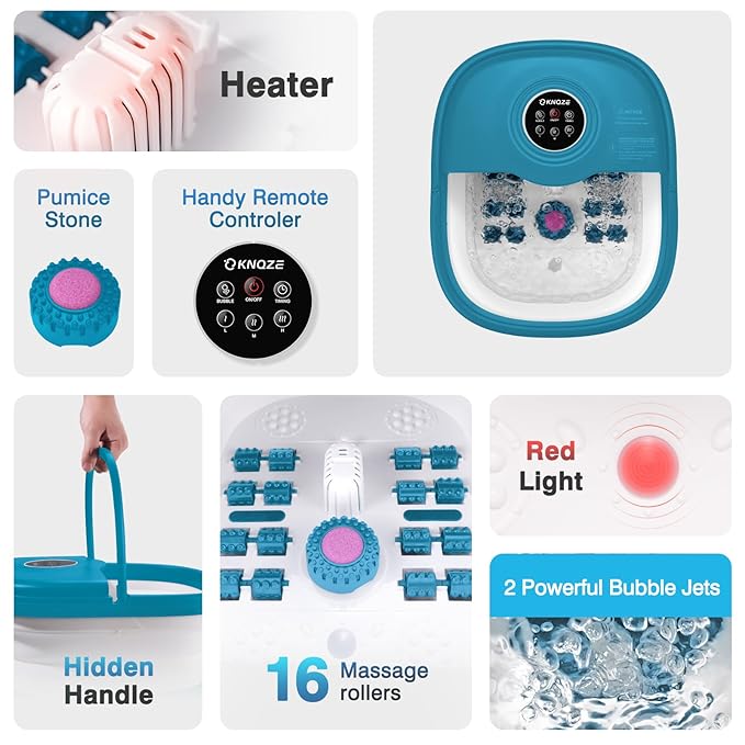 Collapsible Foot Spa with Heat, Remote Control, Temperature Control, Bubbles, Pumice Stone, Red Light, Timer, 16 Massage Roller Pedicure Foot Bath Tub Foot Soaker for Relaxation & Stress Relief