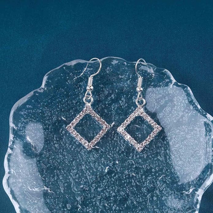 Vintage Crystal Square Drop Earrings Rhinestone Square Dangle Earrings Hollow Square Hook Earrings Silver Sparkly Cz Square Earrings Jewelry for Women