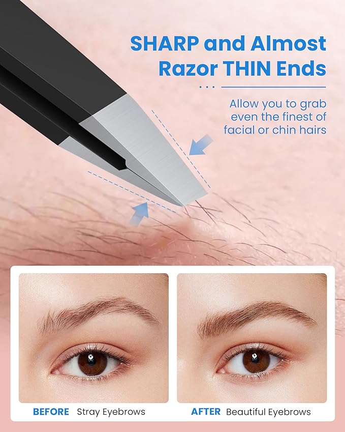 Expert Slant Tip Tweezers with Leather Case, GlamTweeler Sharp & Precision Stainless Steel Tweezer for Eyebrows, Facial Hair and Fine Hairs Removal (Black)