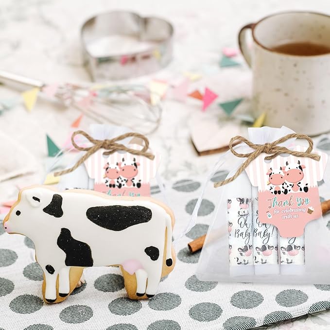 Demissle 50 Pcs Baby Shower Lip Balm Gift Set with 100 Pcs Organza Bags Baby Shower Party Favor for Guest Thank You Tag Rope Baby Shower Party Decoration Gender Reveal Souvenirs(Cow)