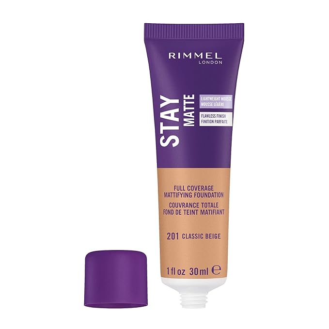 Rimmel London Stay Matte Liquid Mousse - 201 Classic Beige - Foundation, Lightweight, Shine Control, Oil-Free, 1oz