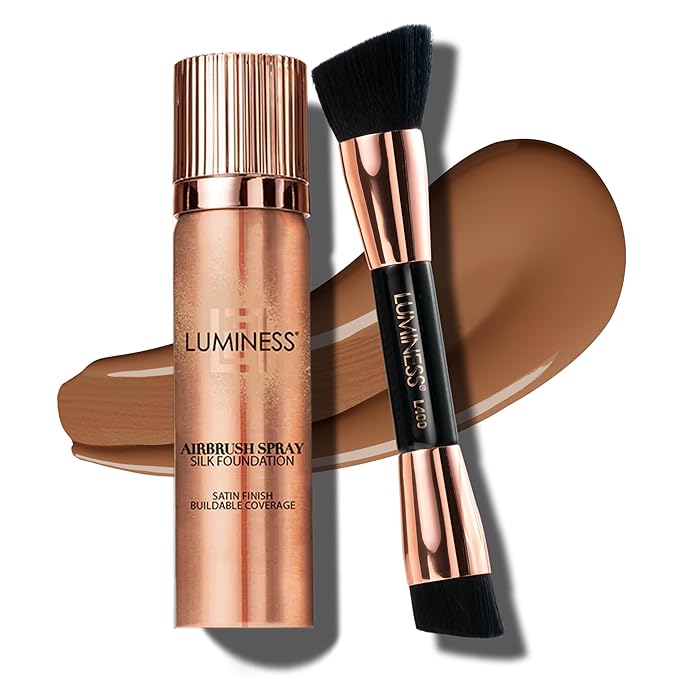 LUMINESS Silk Airbrush Spray Foundation & Buffing Brush Kit – Full Coverage Foundation & Dual-Sided Buffing Brush - Buildable Coverage, Anti-Aging Formula Hydrates & Moisturizes (Shade - Tan Dark)