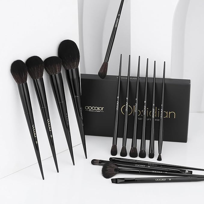 Docolor Makeup Brushes 15Pcs Obsidian Makeup Brush Set Premium Synthetic Powder Kabuki Foundation Contour Blush Concealer Eye Shadow Blending Eyeliner Crease Eyebrow Make Up Brush Kit