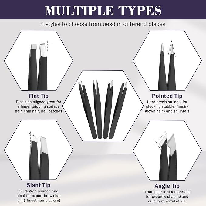 9PCS Tweezers Set for Facial Hair, Precision Tweezer for Eyebrows with Curved Scissor and Eyebrow Razor for Ingrown Hair as Stocking Stuffers Gifts for Women/men