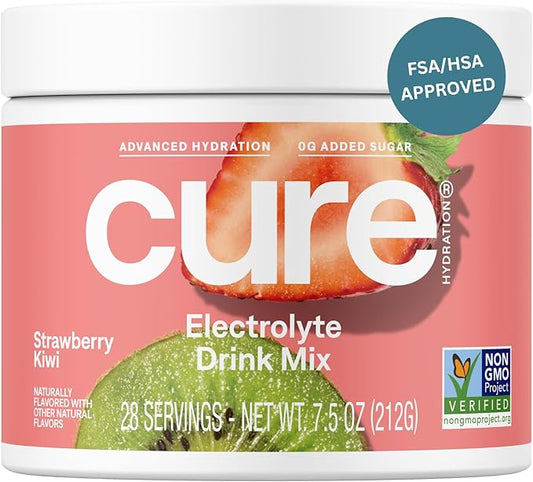 Cure Hydration | Plant-Based Electrolyte Drink Mix | No Added Sugar | Dehydration Relief Powder Made with Coconut Water | Non-GMO | Vegan | 28 Servings Jar - Strawberry Kiwi