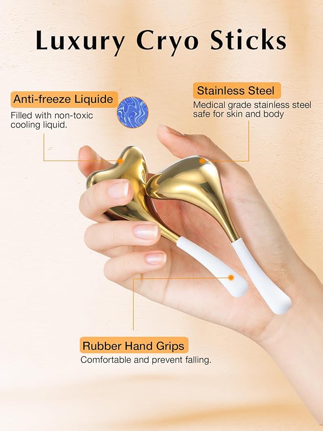2-in-1 Gua Sha Cryo Sticks, Facial Skin Care Tools for Women Facial Massager, Unbreakable Stainless Steel Esthetician Supplies, Cooling Ice Globes Roller with Carry Case