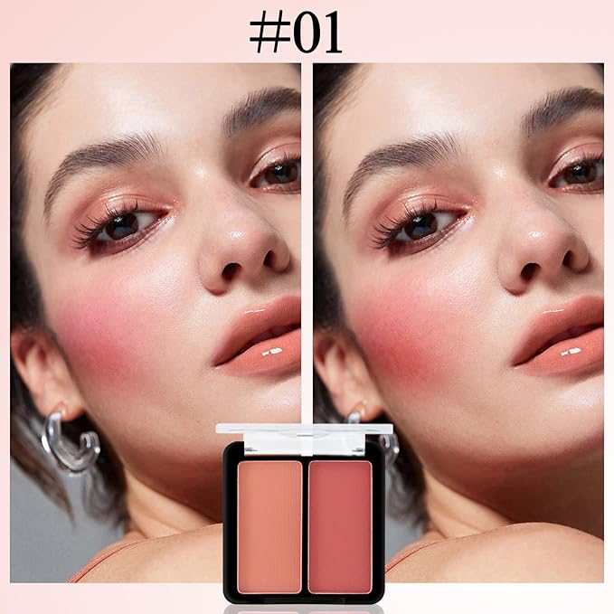 2 Colors Matte Blush Palette with Brush,Pink Blush Blusher,Highly Pigmented