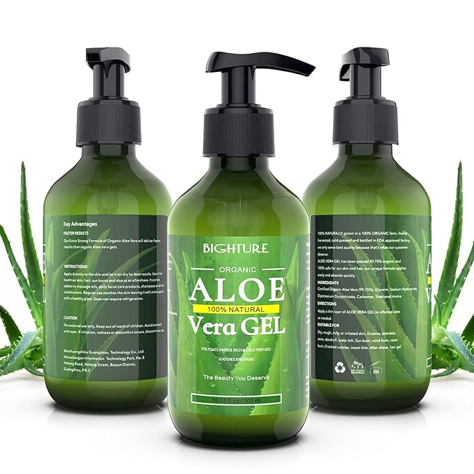 Aloe Vera Gel, 100% Aloe Vera Organic from Freshly Cut Aloe Leaves, Skin Care for Deeply & Rapidly Soothing, Firming, After Shave, Sunburn Relieve, etc
