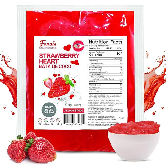 Fanale Coconut Jelly Topping nata de coco for Bubble Tea | Strawberry Heart Jelly Topping for Boba Tea, Smoothies, Slushes, Desserts 400g(Pack of 1)