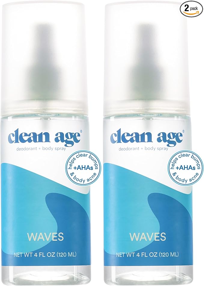 Aluminum Free Deodorant & Body Spray for Whole Body - Waves 4oz (2 Pack) Clean Deodorant and Body Spray for Teen Boys and Girls - With AHA For Body Acne - Body Spray for Teens Formula