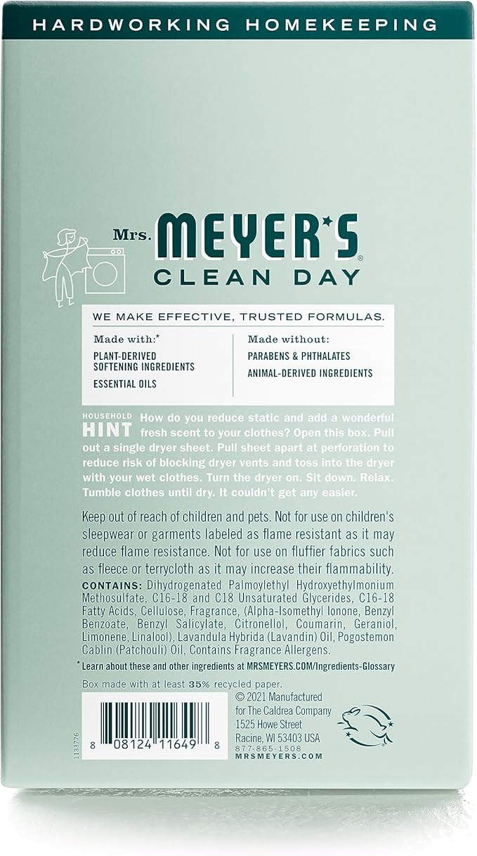 MRS. MEYER'S CLEAN DAY Dryer Sheets, Fabric Softener, Reduces Static, Infused with Essential Oils, Birchwood, 80 Count