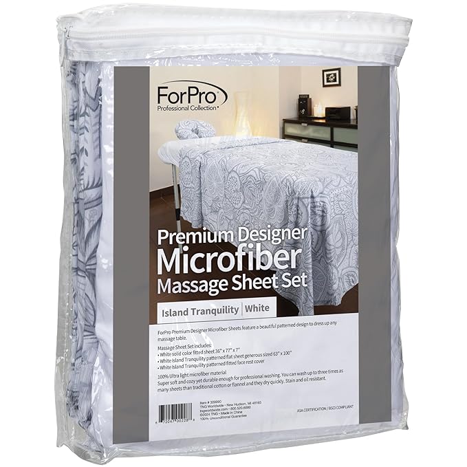 ForPro Premium Designer Microfiber 3-Piece Massage Sheet Set, Island Tranquility, Ultra-Light, Stain and Wrinkle-Resistant, Includes Massage Flat Sheet, Fitted Sheet and Face Rest Cover, White